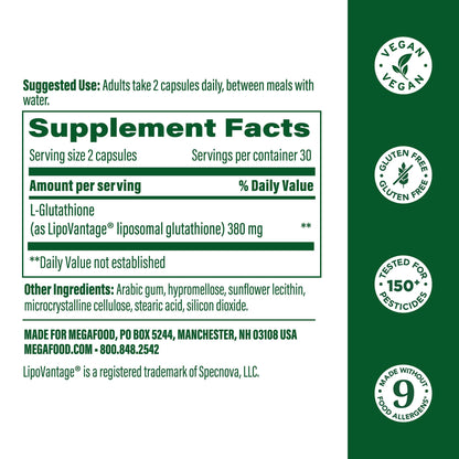 MegaFood High Absorption Liposomal Glutathione — Gluten Free, Vegan | 60 Capsules