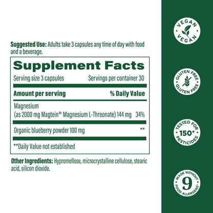 MegaFood Magtein Magnesium Threonate – 2000 mg per Serving | Supports Memory, Focus, Alertness & Sleep – Vegan & Gluten Free | 90 Capsules / 30 Servings
