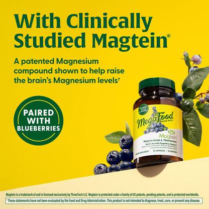 MegaFood Magtein Magnesium Threonate – 2000 mg per Serving | Supports Memory, Focus, Alertness & Sleep – Vegan & Gluten Free | 90 Capsules / 30 Servings