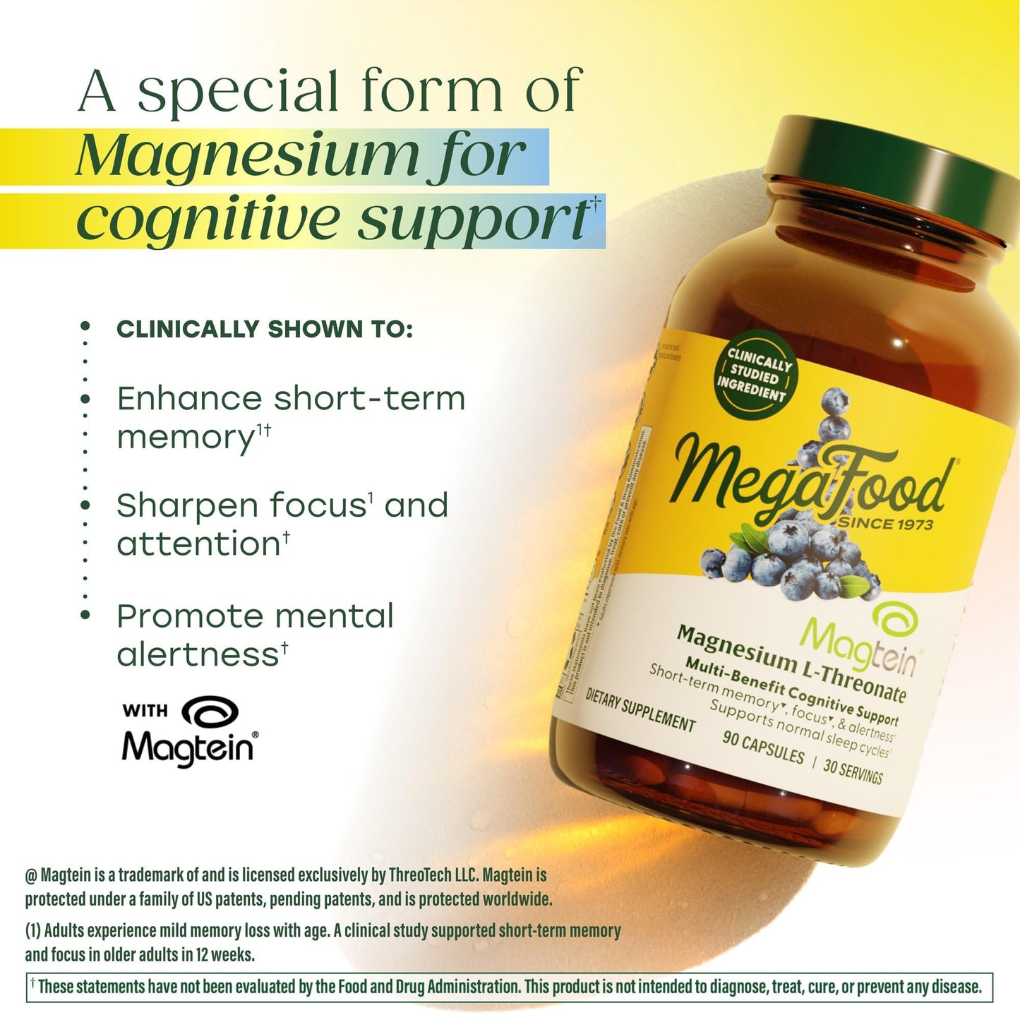 MegaFood Magtein Magnesium Threonate – 2000 mg per Serving | Supports Memory, Focus, Alertness & Sleep – Vegan & Gluten Free | 90 Capsules / 30 Servings