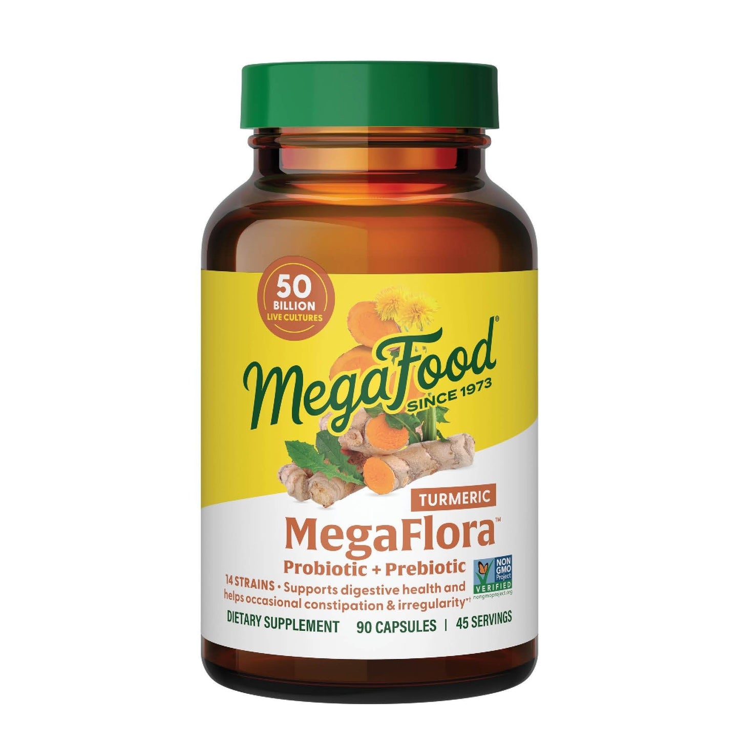 MegaFood MegaFlora Probiotics + Prebiotics Turmeric - 50B CFU, 14 Strains, 90 Capsules