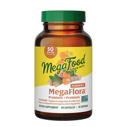 MegaFood MegaFlora Probiotics + Prebiotics Turmeric - 50B CFU, 14 Strains, 90 Capsules