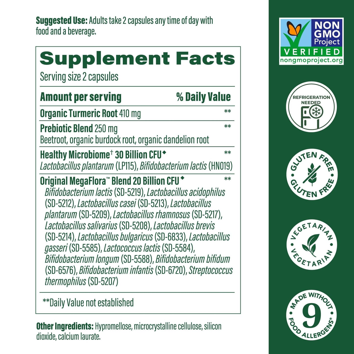 MegaFood MegaFlora Probiotics + Prebiotics Turmeric - 50B CFU, 14 Strains, 90 Capsules