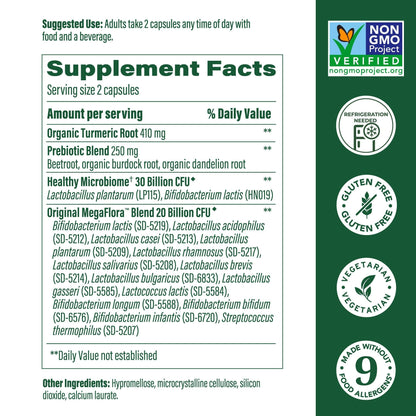 MegaFood MegaFlora Probiotics + Prebiotics Turmeric - 50B CFU, 14 Strains, 90 Capsules