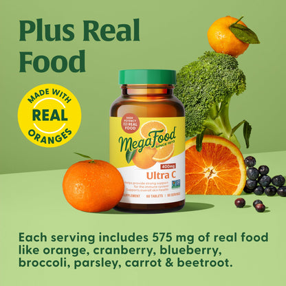 MegaFood Ultra C 400 mg - Vegan Vitamin C Immune Support with Real Food Ingredients - 90 Tablets