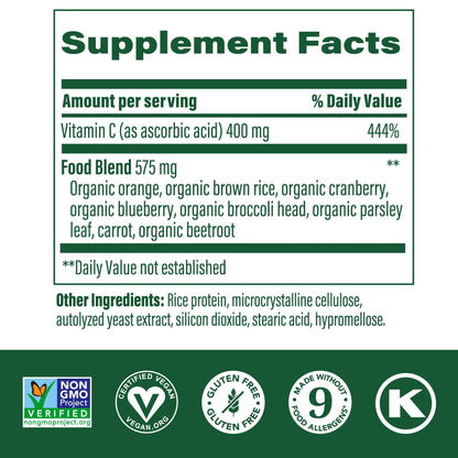 MegaFood Ultra C 400 mg - Vegan Vitamin C Immune Support with Real Food Ingredients - 90 Tablets