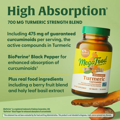 MegaFood Whole Body Turmeric Curcumin Supplement – 475 mg Curcuminoids per Serving, Black Pepper & Vitamin C (Vegan, 120 Tablets)