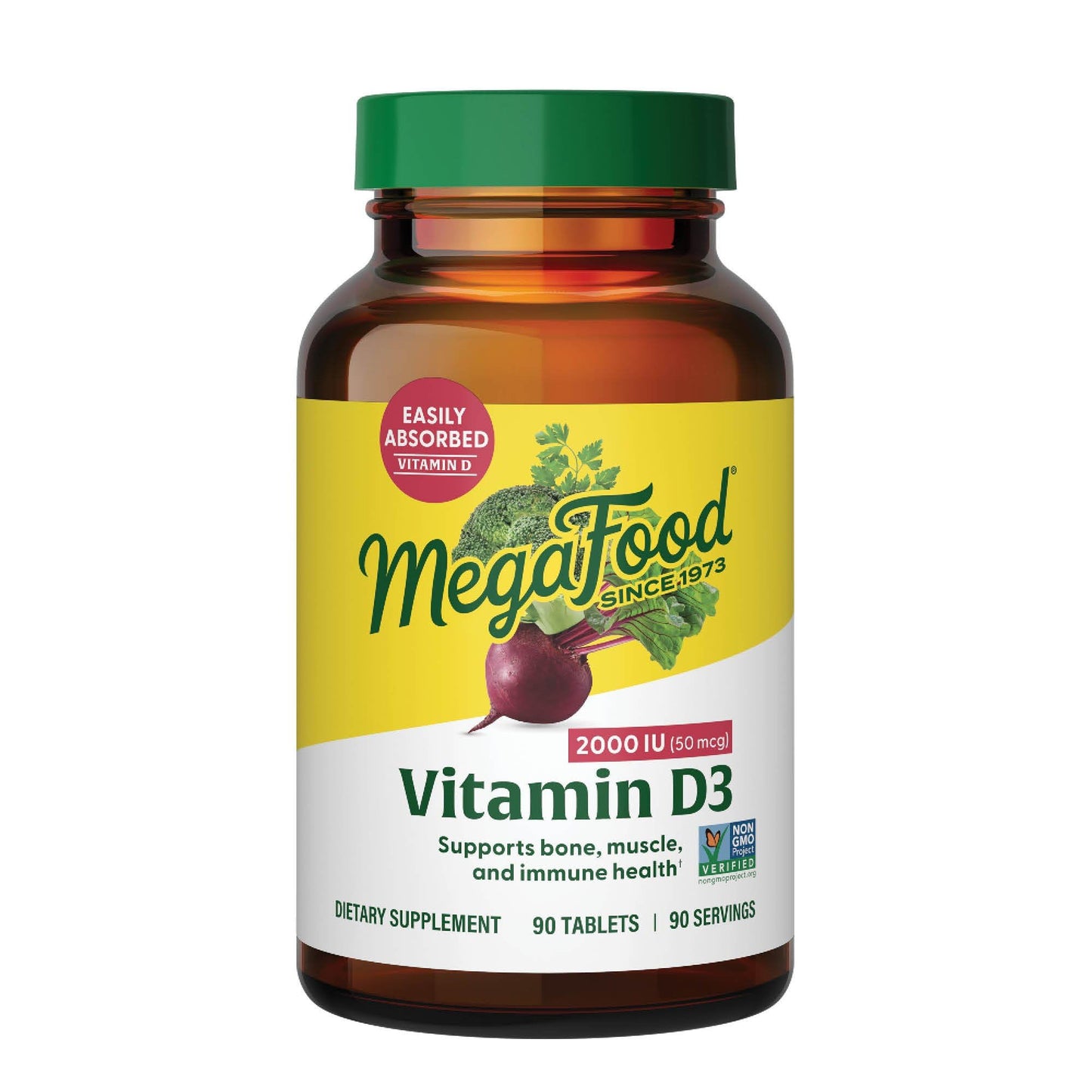 MegaFood Vitamin D3 2000 IU (50 mcg) – Real Food Vitamin D, Immune & Bone Support | Vegetarian, Non-GMO, Kosher | 90 Tablets
