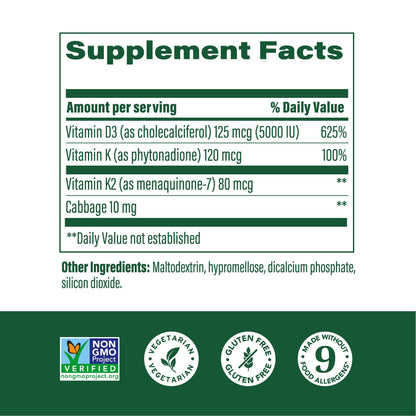 MegaFood Vitamin D3 5000 IU with K2 – Vegetarian D3/K2 for Bones, Teeth & Immune Support | 120 Mini Capsules