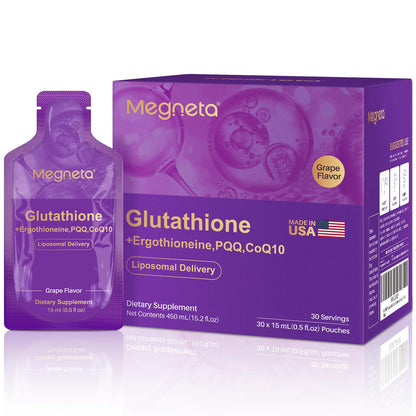 MEGNETA Liposomal Glutathione 500mg – PQQ CoQ10 Vitamin C | Grape Flavor, 30 Pouches