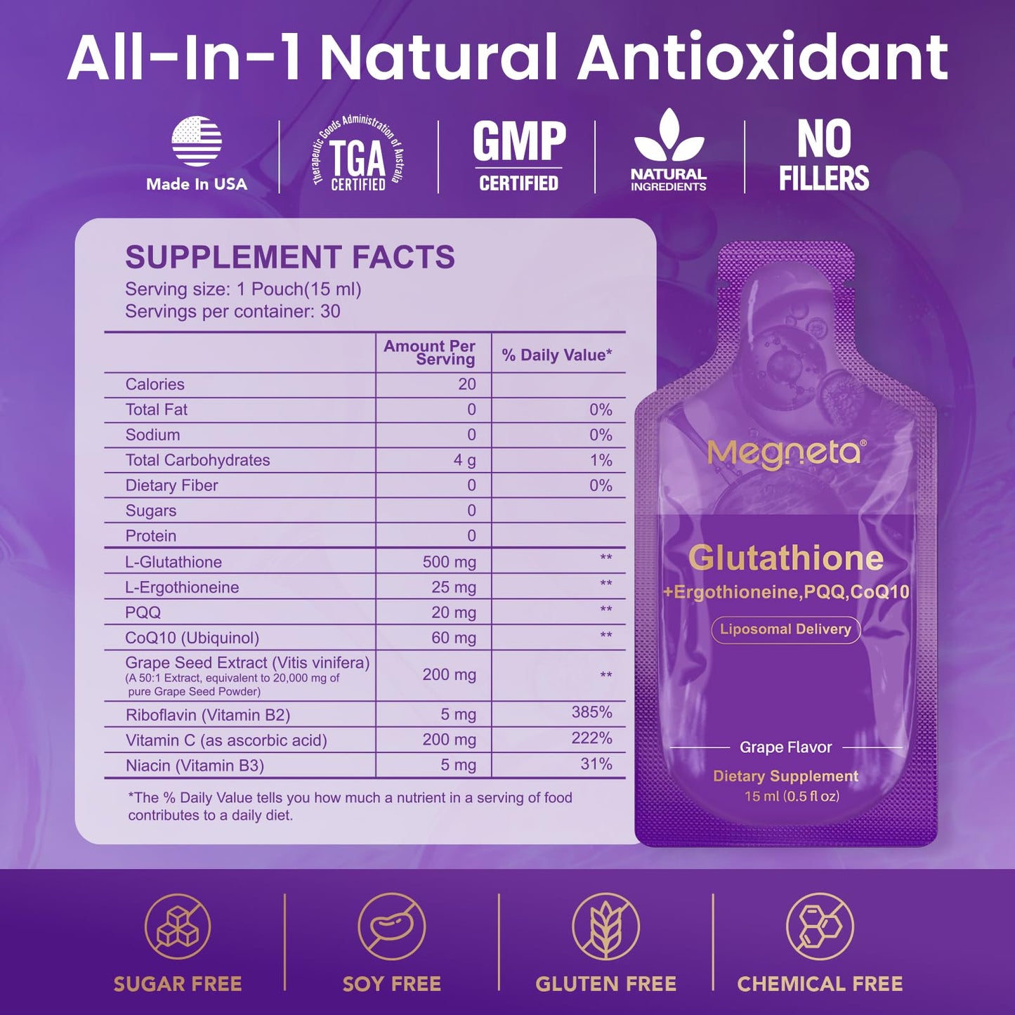 MEGNETA Liposomal Glutathione 500mg – PQQ CoQ10 Vitamin C | Grape Flavor, 30 Pouches