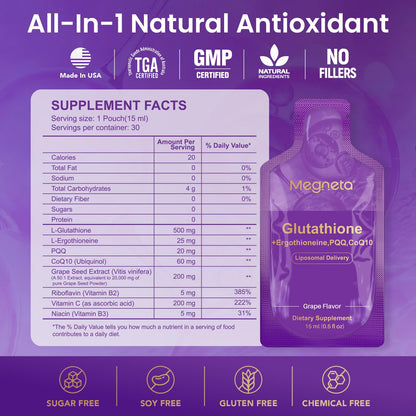 MEGNETA Liposomal Glutathione 500mg – PQQ CoQ10 Vitamin C | Grape Flavor, 30 Pouches