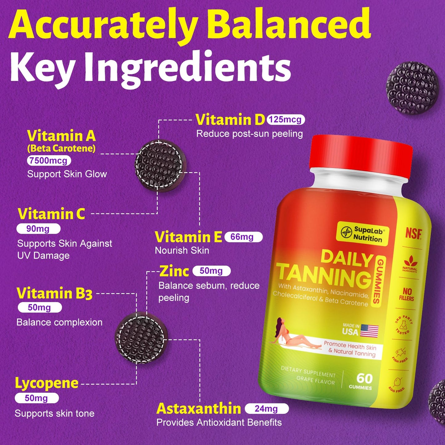 MEGNETA Tanning Gummies for Women & Men - Self Tanner Supplement (Purple)