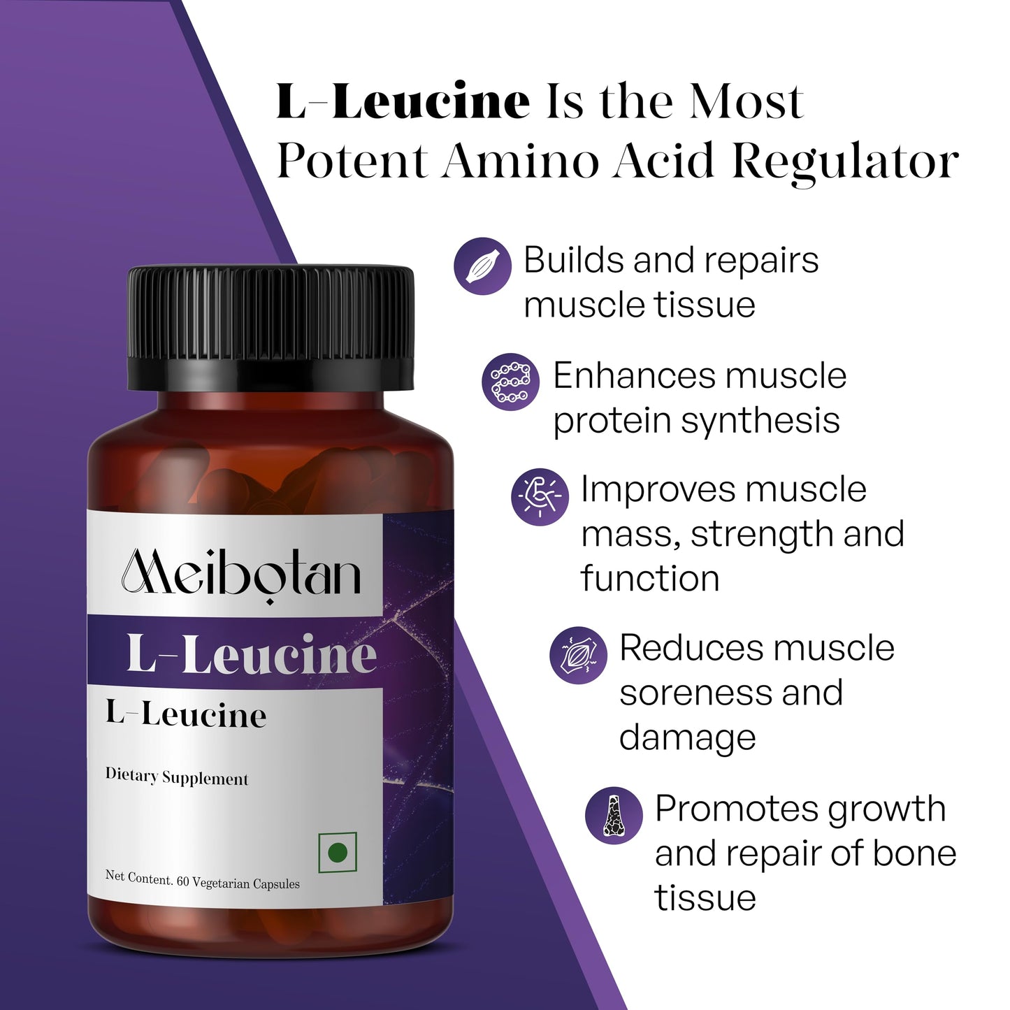 MEIBOTAN 100% Pure L-Leucine 2000mg - Muscle Recovery, Non-GMO & Vegan - 60 Vegetarian Capsules