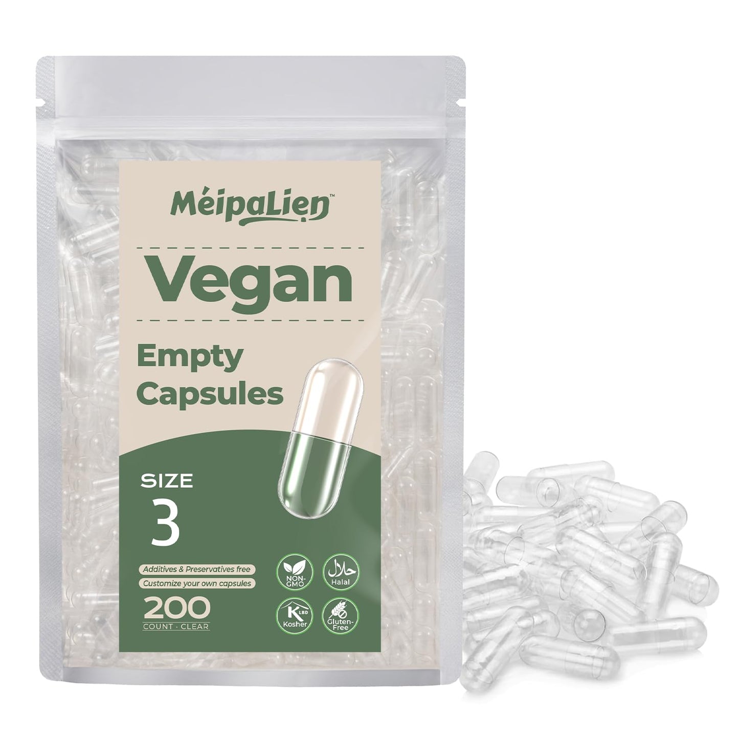 MéipaLien HPMC Empty Capsules Size 3-200 | Plant-Based, Vegetarian, Halal, Non-GMO | DIY Filling
