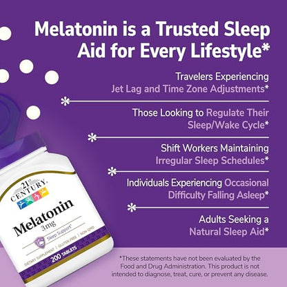 21st Century Melatonin 3 mg Tablets, 200 Count | Sleep Support