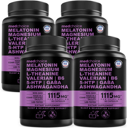 MEDCHOICE 12-in-1 Melatonin Sleep Capsules – 5mg Melatonin + Magnesium Glycinate 500mg (90ct, Pack of 4)