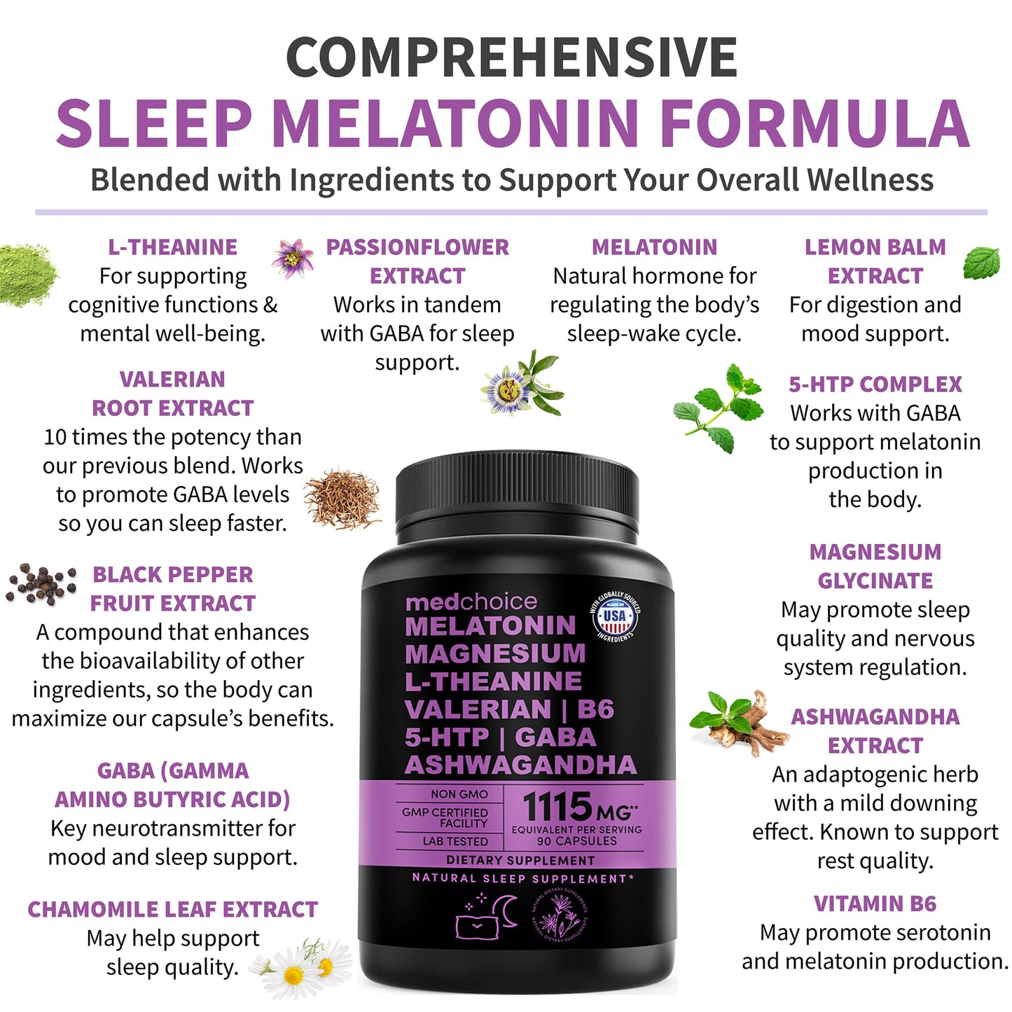 MEDCHOICE 12-in-1 Melatonin Sleep Capsules – 5mg Melatonin + Magnesium Glycinate 500mg (90ct, Pack of 4)