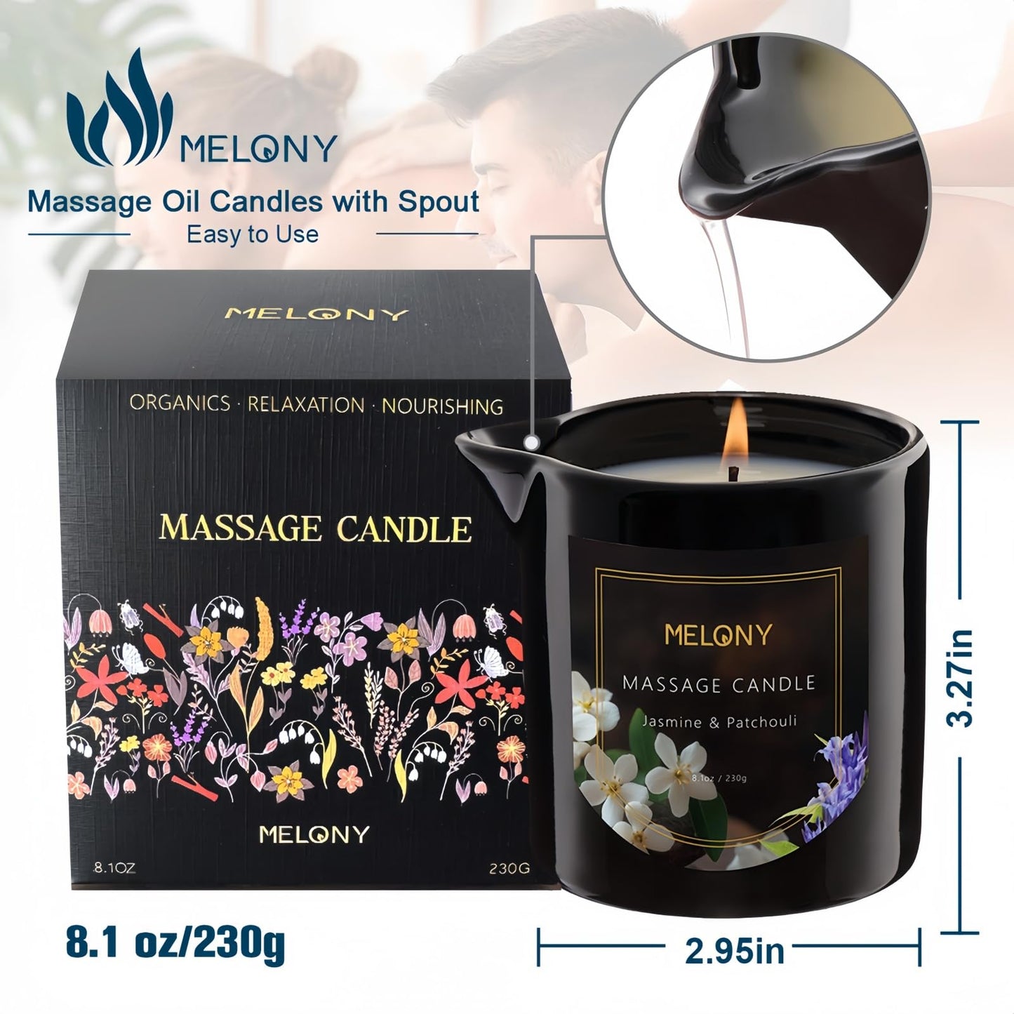 MELONY Luxury Massage Candle – Moisturising Body Oil for Relaxation (Jasmine & Patchouli)