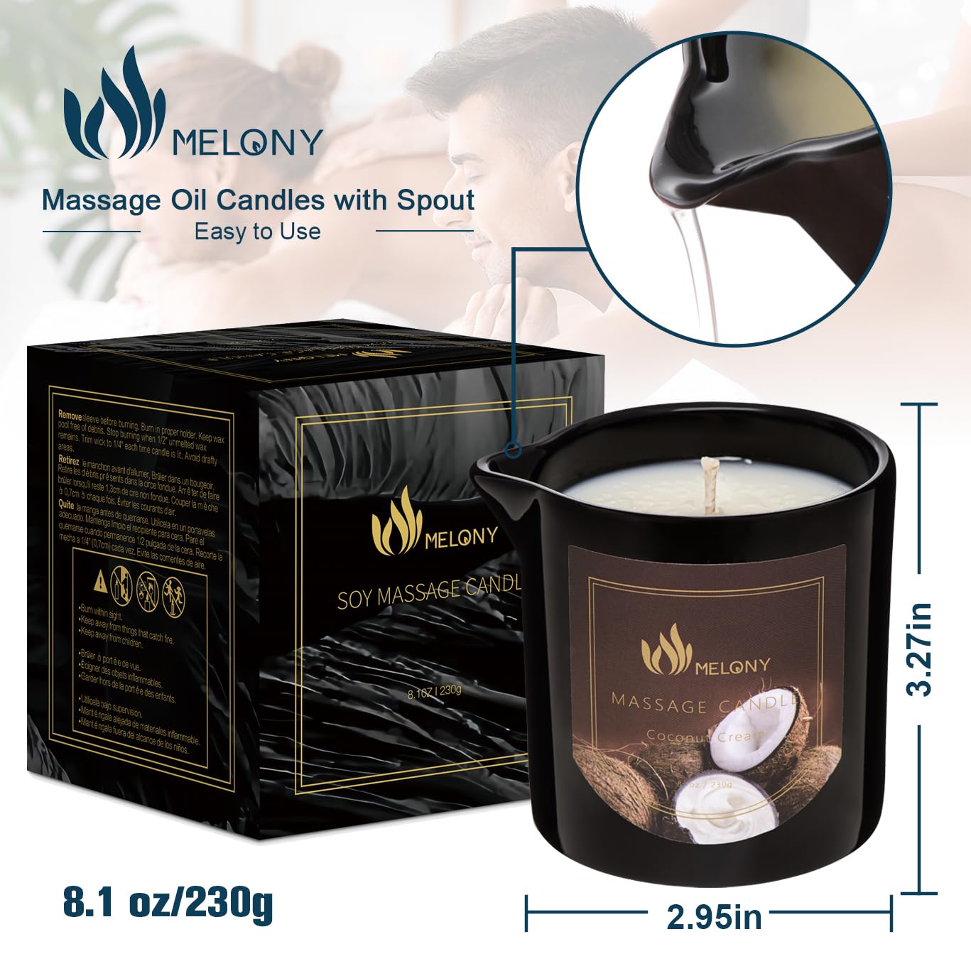 MELONY Massage Oil Candle - 8.1oz Coconut Cream | Natural Soy Wax, Calming & Relaxing