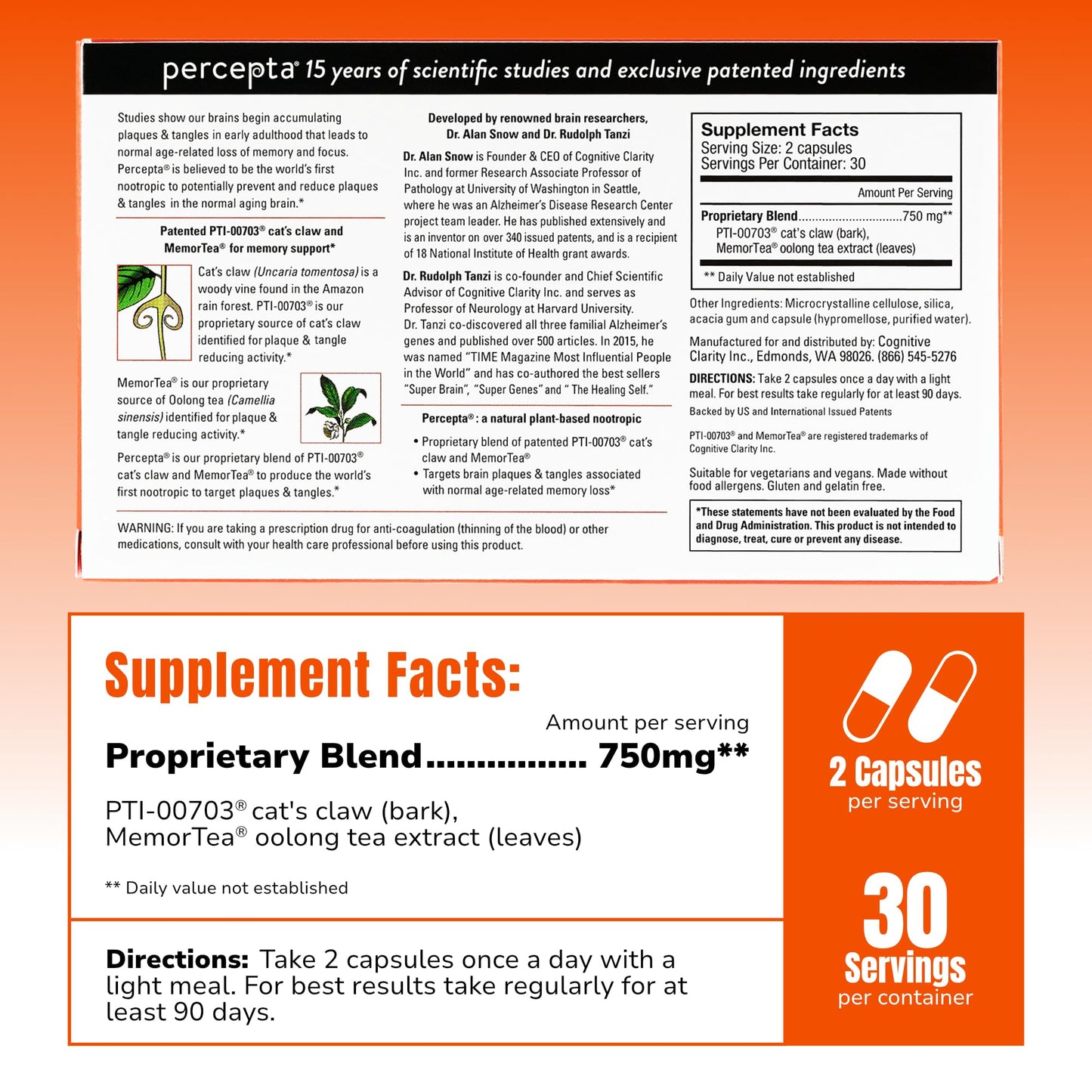 Percepta Plant-Based Memory Support – Natural Nootropic Brain Booster | 30 Day Supply