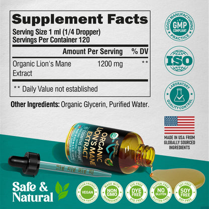 Lions Mane Liquid - USDA Organic Lion's Mane for Brain & Focus