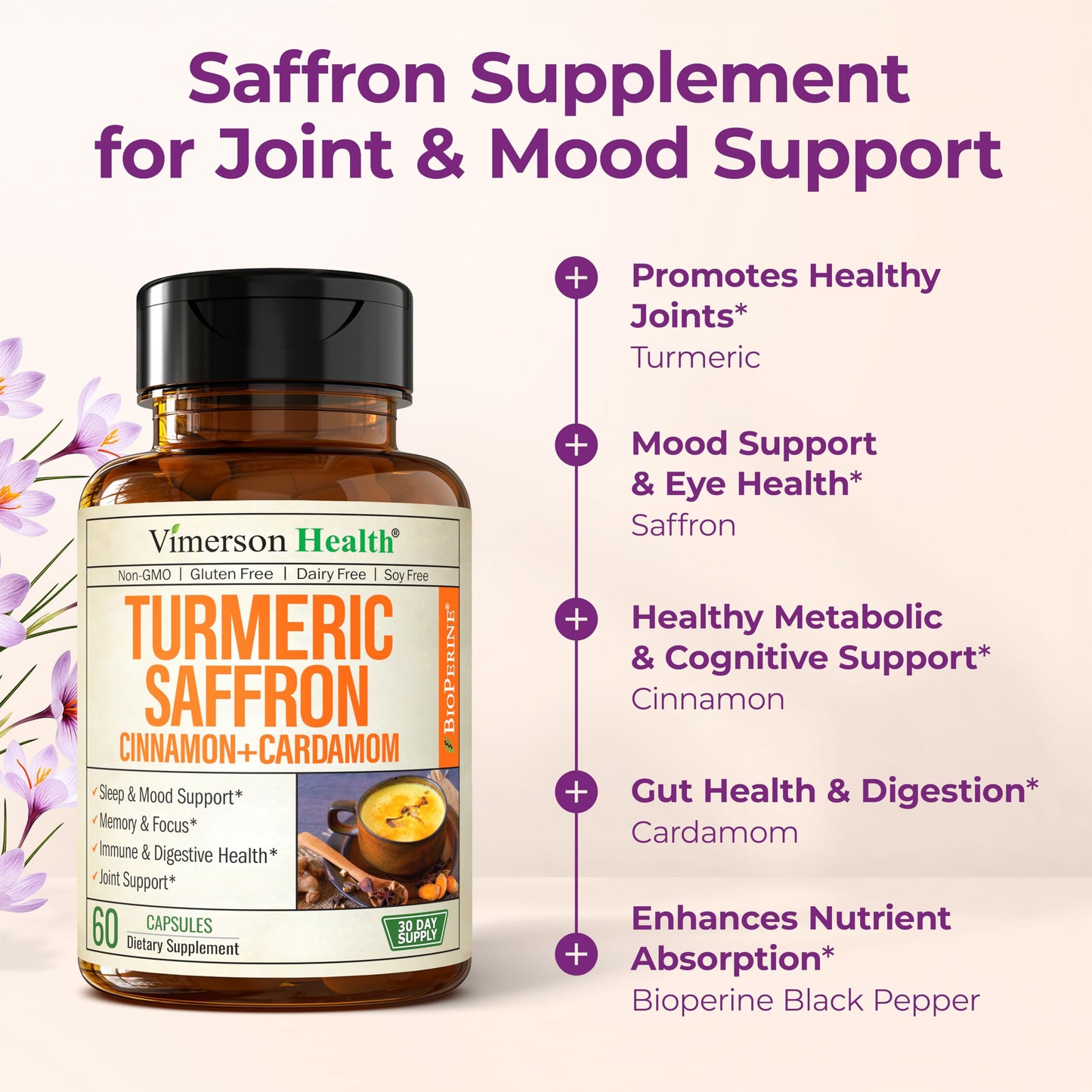 Vimerson Health Saffron Supplements (89 mg) – Turmeric Curcumin with Cinnamon, Cardamom, Eye Health & Mood – 2 Pack
