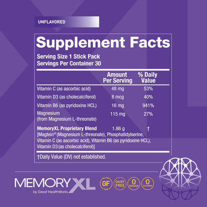 MemoryXL Magnesium L-Threonate for Focus & Memory | OmegaXL 30pk Unflavored