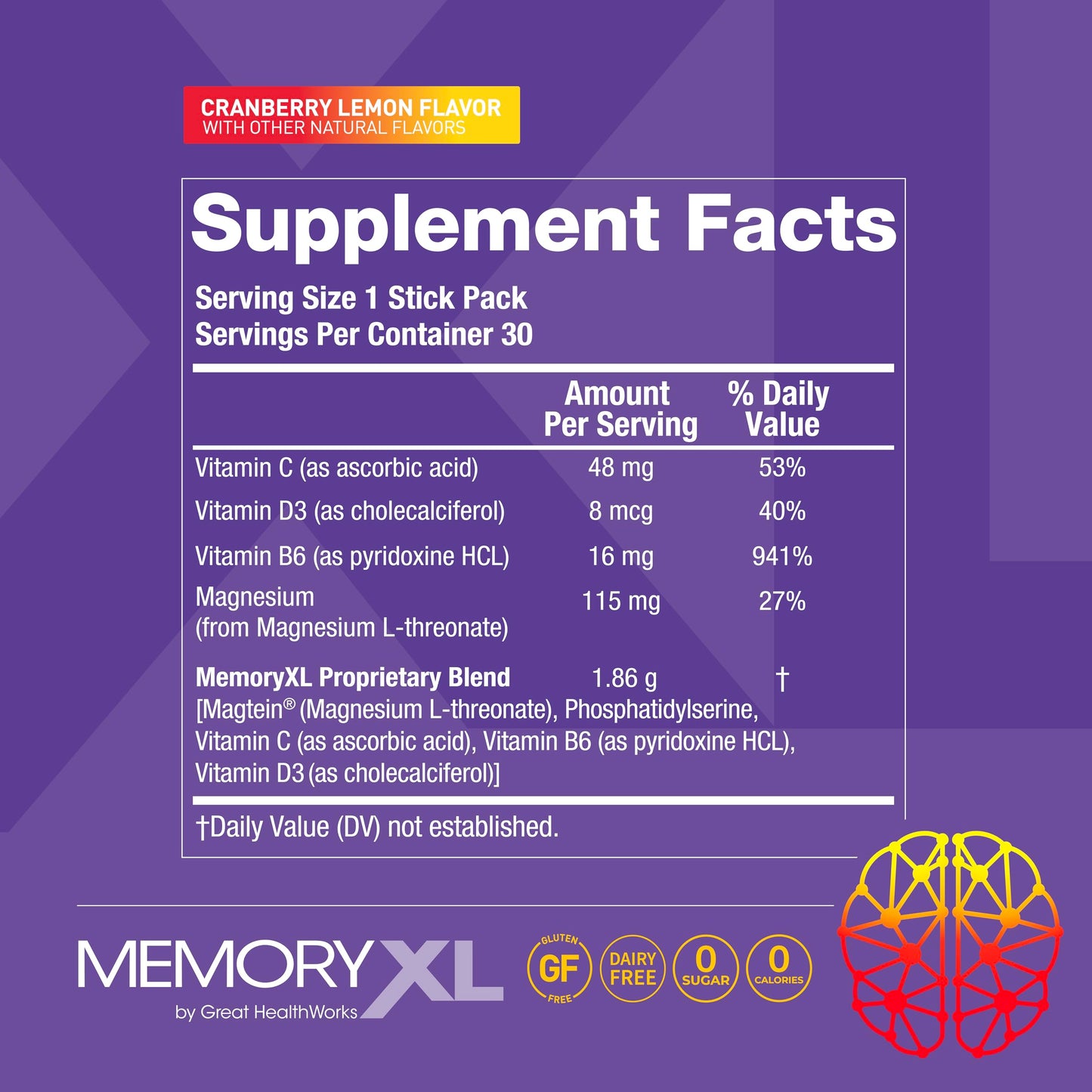 MemoryXL: Magnesium L-Threonate for Focus & Memory — Cranberry Lemon, 30-Stick Pack | OmegaXL