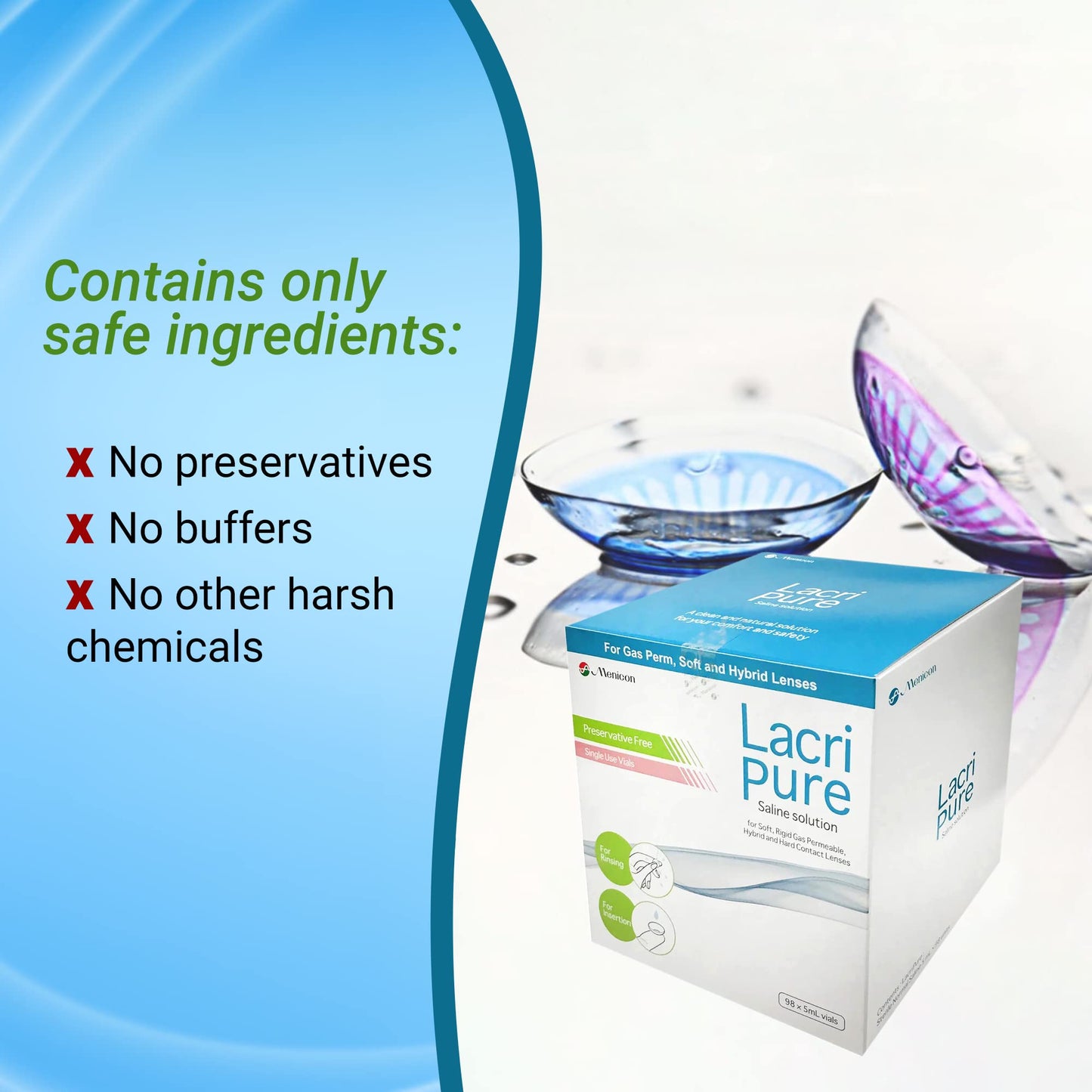 Menicon LacriPure Saline Contact Lens Solution - Rinse & Insertion, 98 Vials (5ml each)