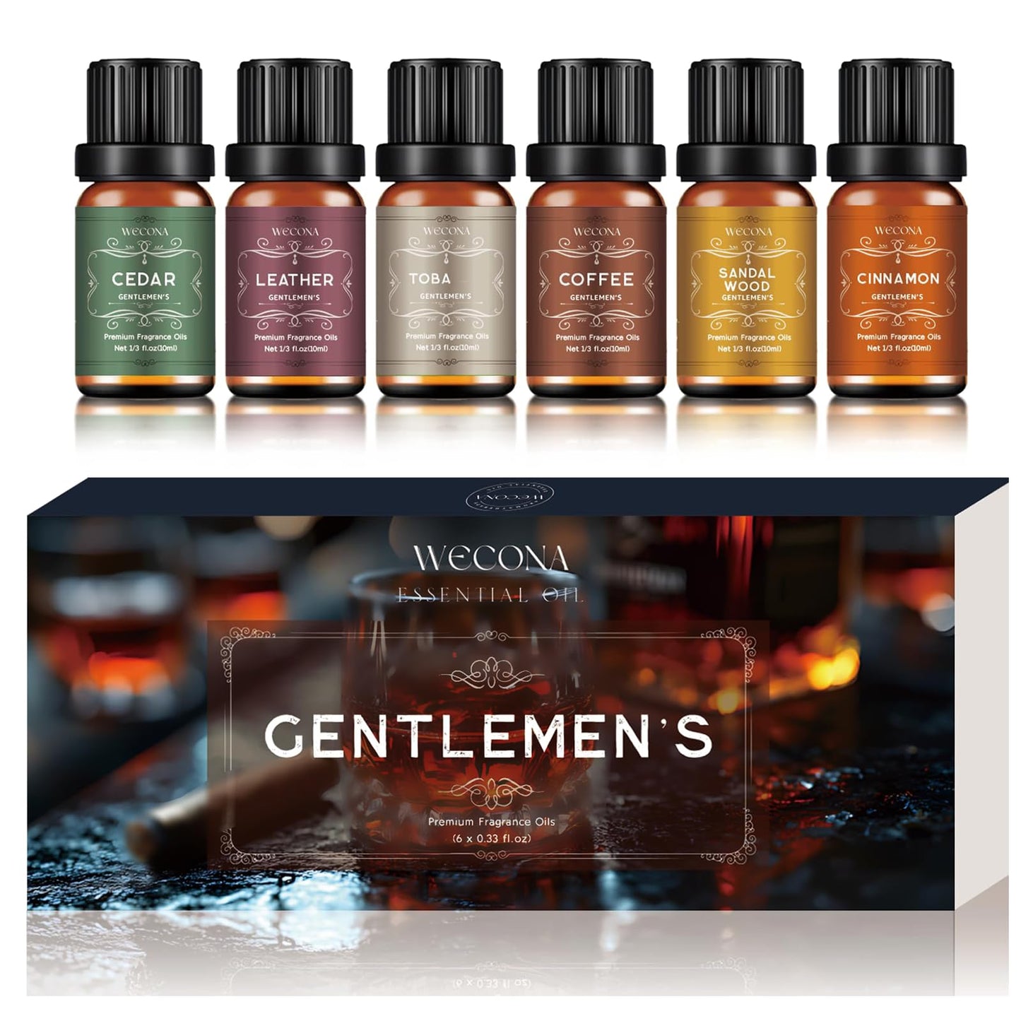 Men's Essential Oils for Diffusers & Candle Making - 6x10ml Leather, Sandalwood, Coffee, Cedarwood, Cinnamon & Amber