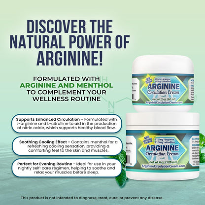 Arginine Circulation Cream 4 oz - Menthol, L Arginine & L Citrulline Lotion | Supports Healthy Leg & Body Blood Flow