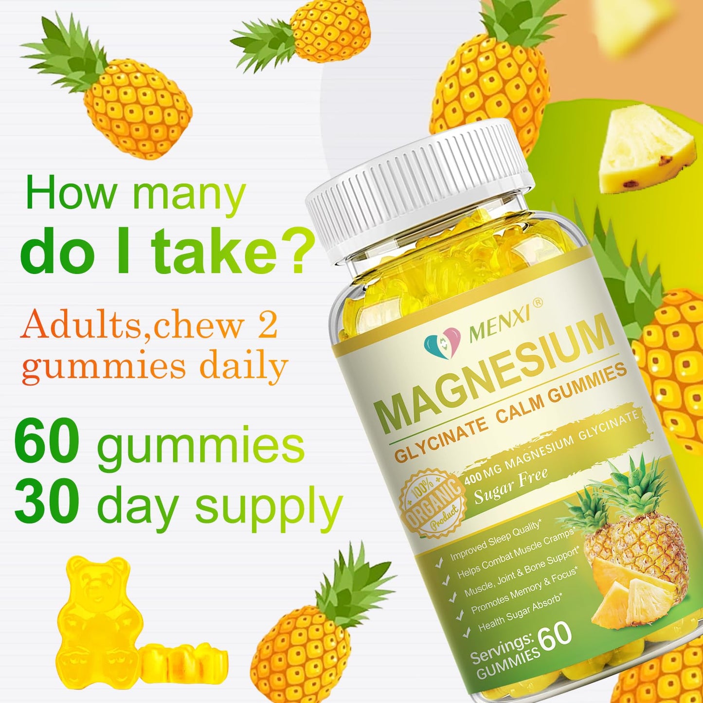 MENXI Magnesium Glycinate Gummies 400mg – Sugar Free Pineapple, Vitamin D, B6 & CoQ10 (120 Gummies)