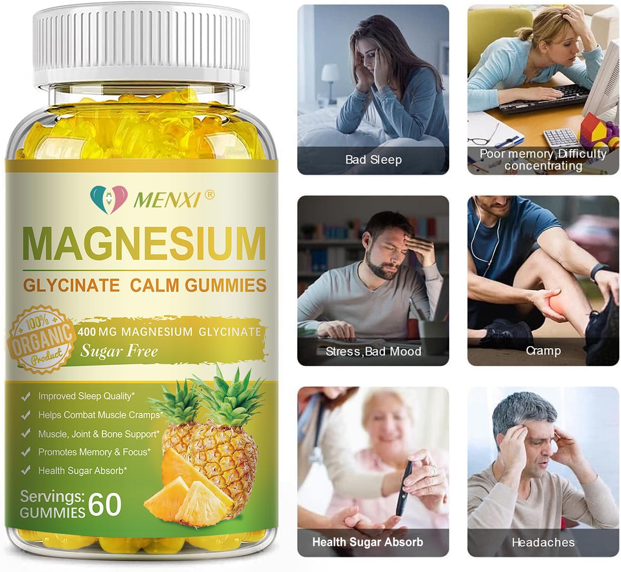 MENXI Magnesium Glycinate Gummies 400mg – Sugar Free Pineapple, Vitamin D, B6 & CoQ10 (120 Gummies)