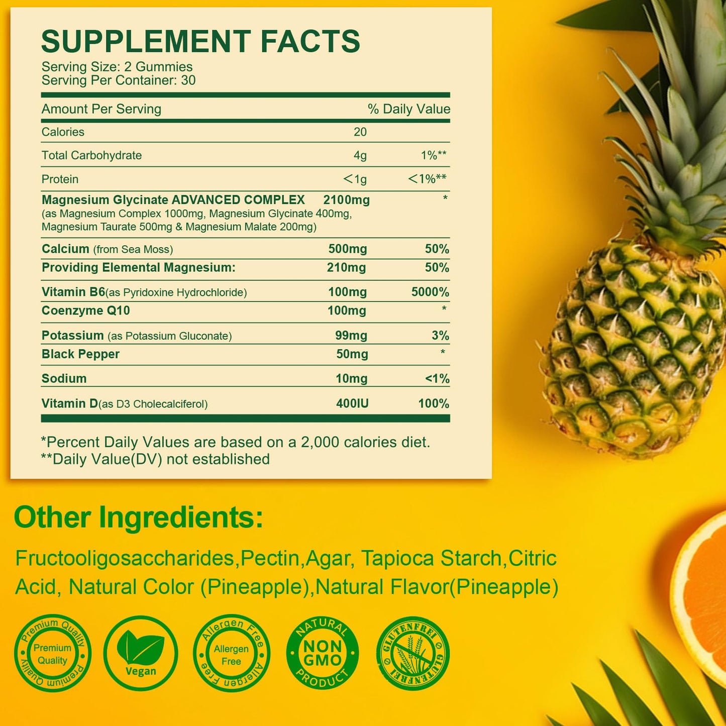 MENXI Magnesium Glycinate Gummies 400mg – Sugar Free Pineapple, Vitamin D, B6 & CoQ10 (120 Gummies)