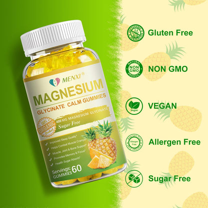 MENXI Magnesium Glycinate Gummies 400mg – Sugar Free Pineapple, Vitamin D, B6 & CoQ10 (120 Gummies)