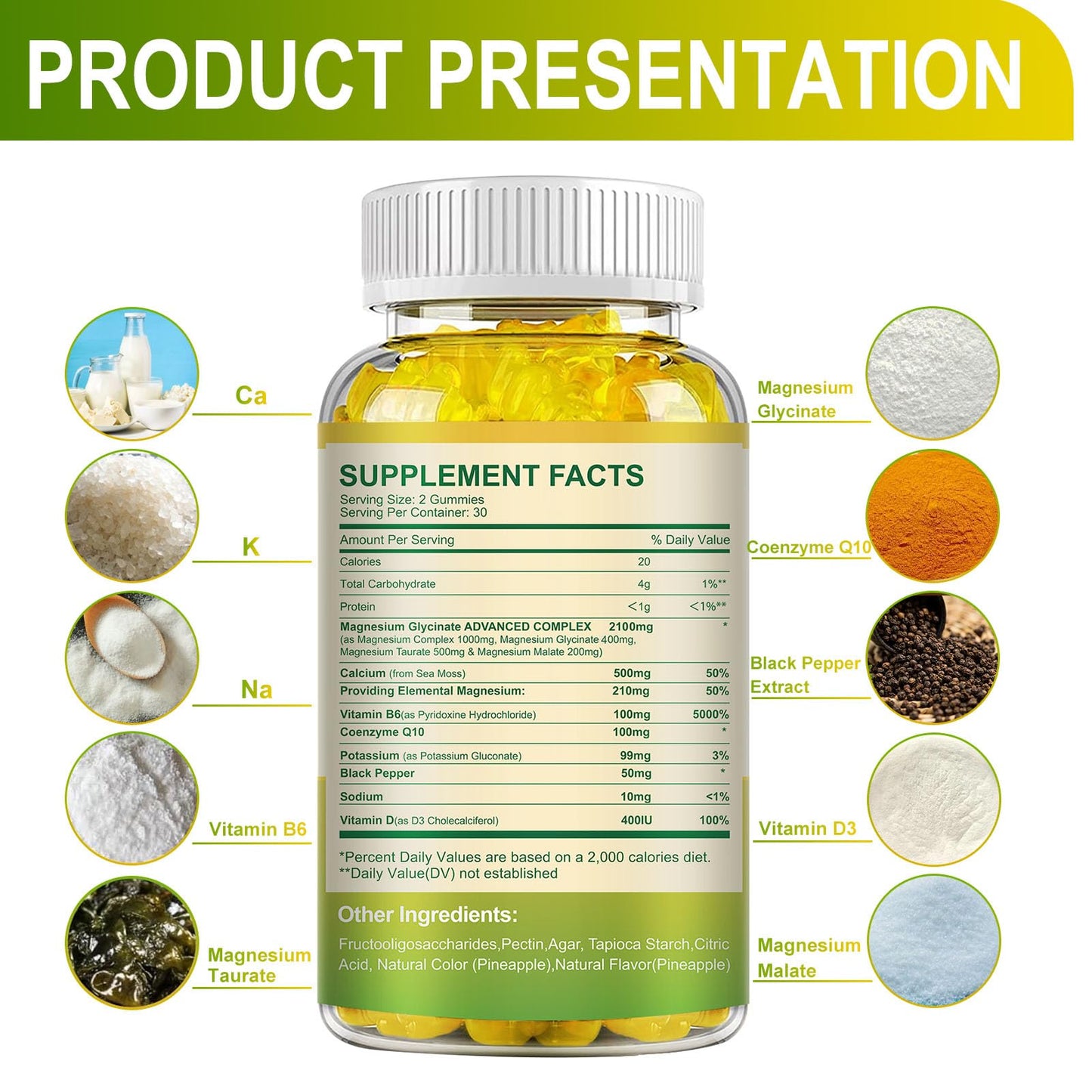 MENXI Magnesium Glycinate Gummies 400mg – Sugar Free Pineapple, Vitamin D, B6 & CoQ10 (120 Gummies)
