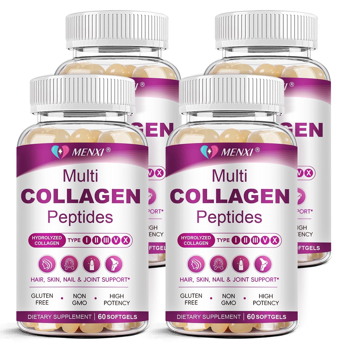 MENXI Multi Collagen Peptides Softgel – Types I–X with Biotin, Vitamin C & Hyaluronic Acid
