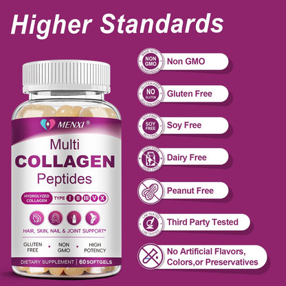 MENXI Multi Collagen Peptides Softgel – Types I–X with Biotin, Vitamin C & Hyaluronic Acid