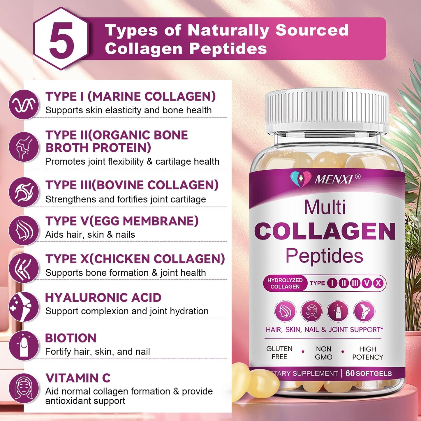 MENXI Multi Collagen Peptides Softgel – Types I–X with Biotin, Vitamin C & Hyaluronic Acid