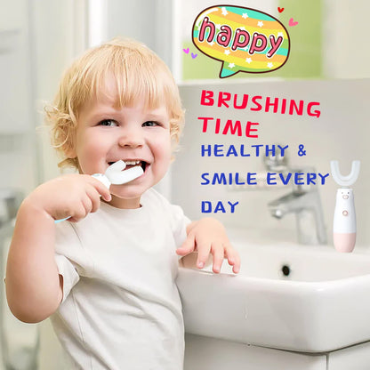 Meqtpomy Kids U-Shaped Electric Toothbrush – Waterproof, Battery-Powered 360° Sonic Brushing (8–13 yrs, Pink)