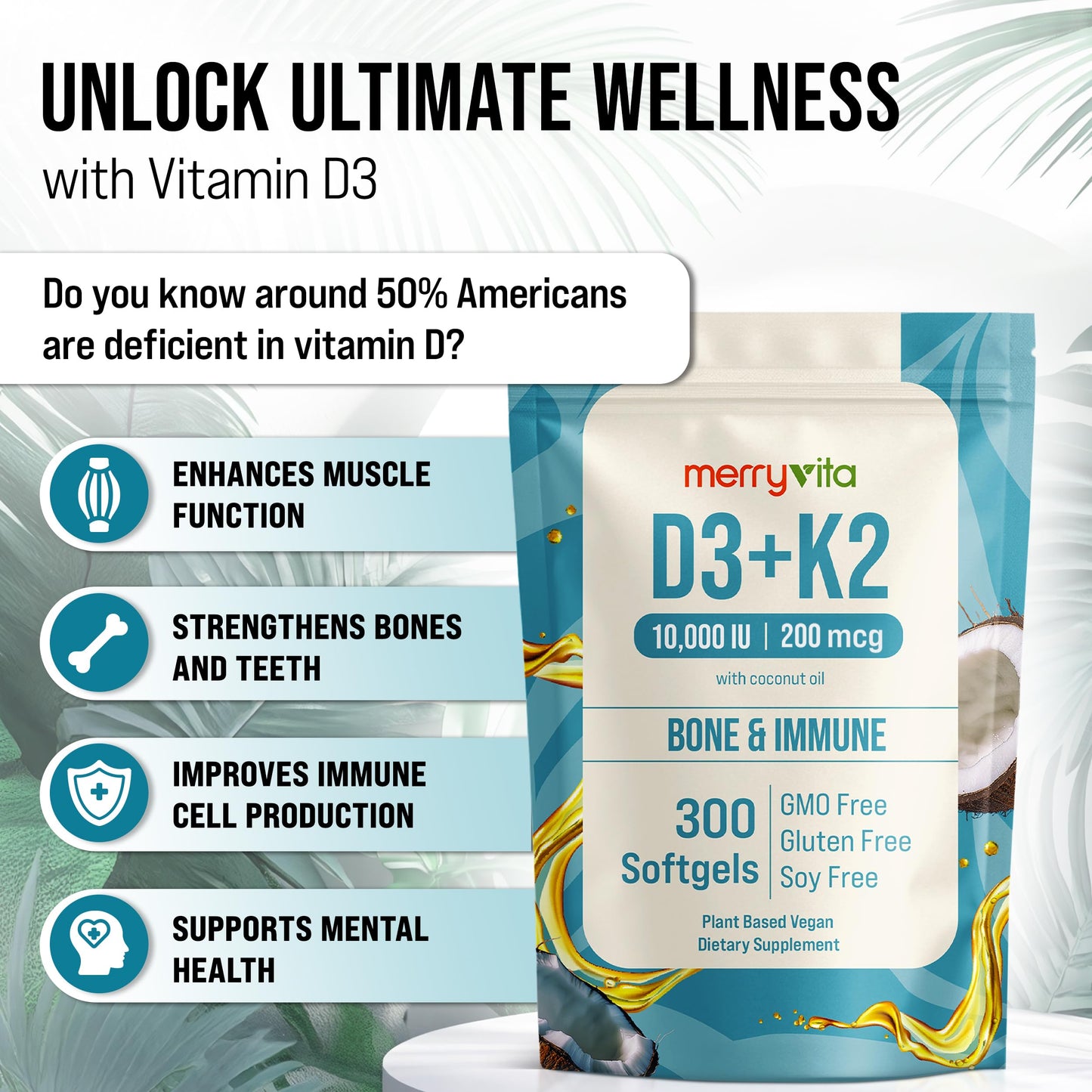 MERRY VITA Vitamin D3 K2 300 Softgels – 10,000 IU D3 + 200 mcg K2 MK7 – Plant-Based, Vegan, Gluten-Free