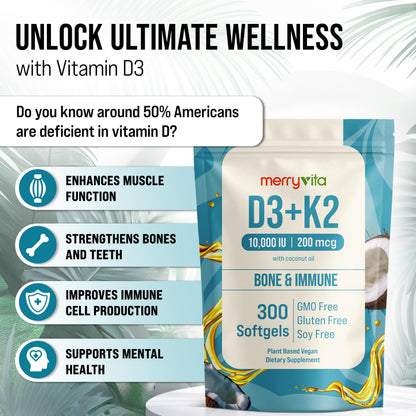 MERRY VITA Vitamin D3 K2 300 Softgels – 10,000 IU D3 + 200 mcg K2 MK7 – Plant-Based, Vegan, Gluten-Free