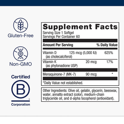 Metagenics Vitamin D3 + K (MK-7) – Immune, Artery, Bone & Heart Health | 5,000 IU, 60 Softgels