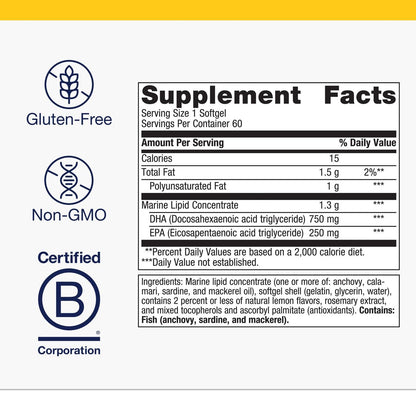 Metagenics OmegaGenics Fish Oil Neuro - 1000 mg Omega-3 (750 DHA / 250 EPA) | Non-GMO, Gluten-Free | 60 Softgels