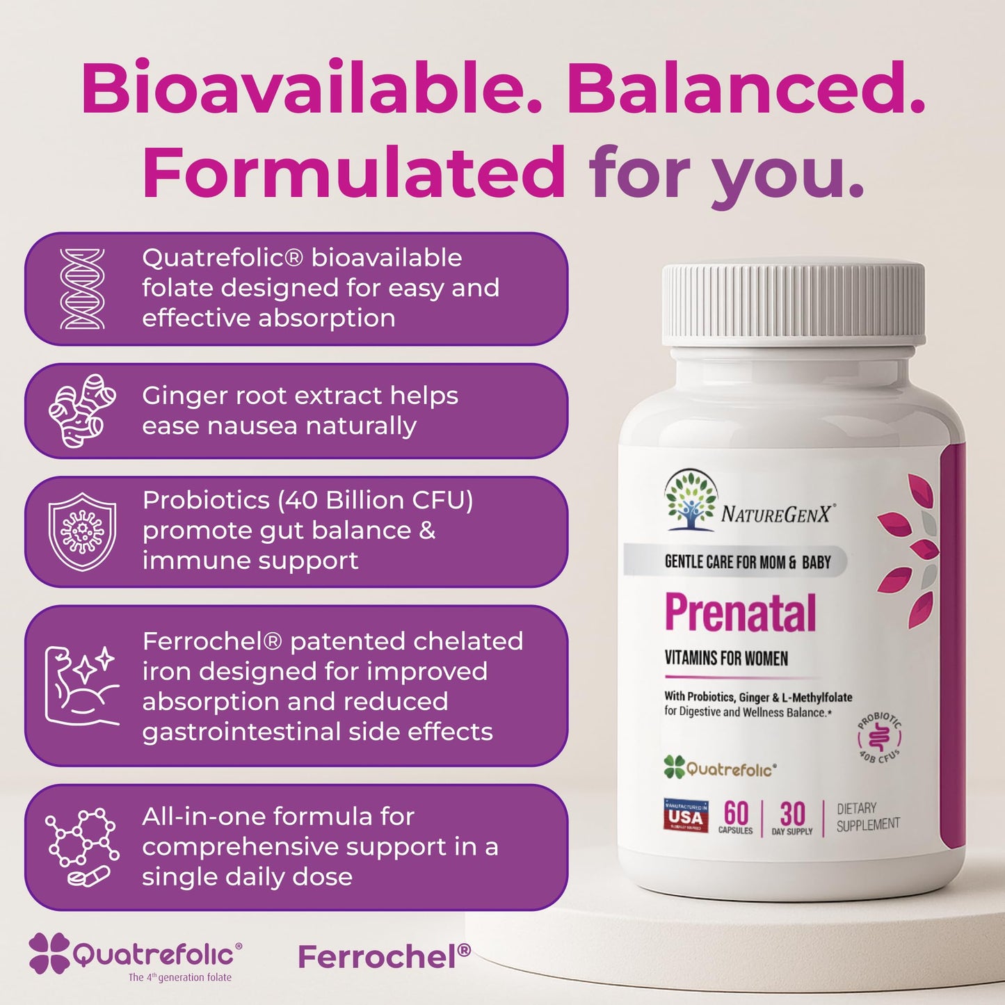 NatureGenX Methyl Prenatal with Probiotics – Vegan Prenatal Vitamins (60 Capsules)