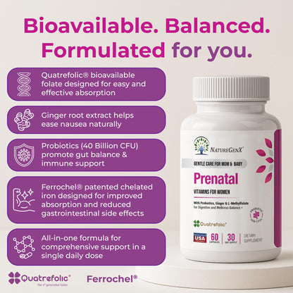 NatureGenX Methyl Prenatal with Probiotics – Vegan Prenatal Vitamins (60 Capsules)