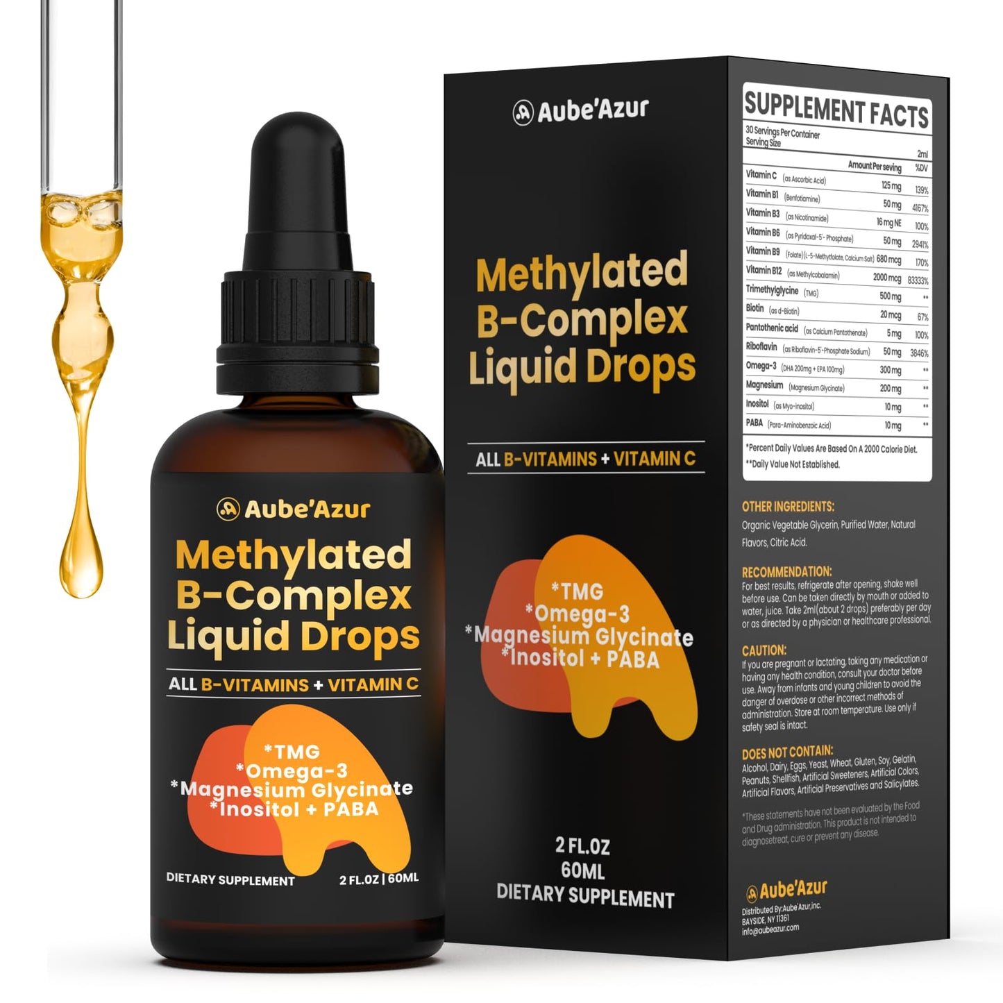 Methylated B Complex Liquid Drops for Women | B12, 5-MTHF, Omega-3 | 2 fl oz