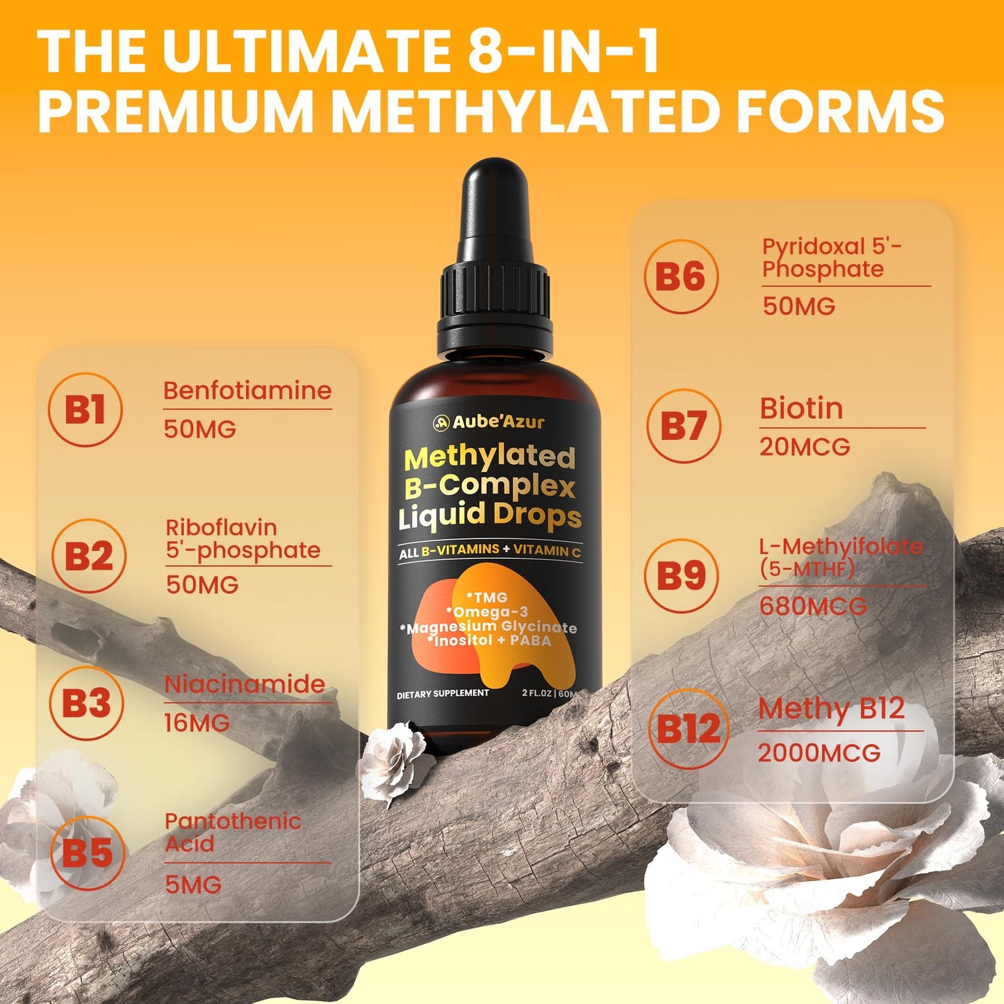 Methylated B Complex Liquid Drops for Women | B12, 5-MTHF, Omega-3 | 2 fl oz