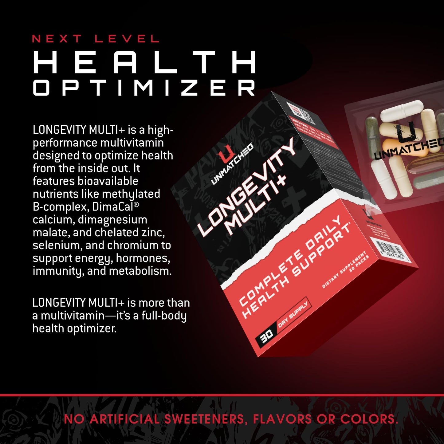 Unmatched Longevity Multi+ | Complete Daily Health Support | Methylated Vitamins & Minerals, Omega-3s, Nootropics, & Longevity Agents | 30 Packs, 30 Day Supply